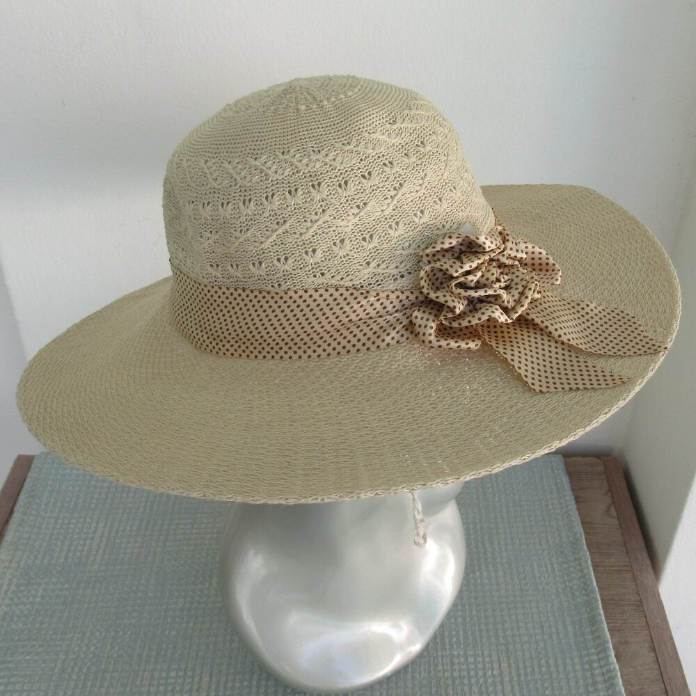 Coquette Straw Summer Hat Women’s Faux Straw Hat w/ Satin Ribbon Sz Large